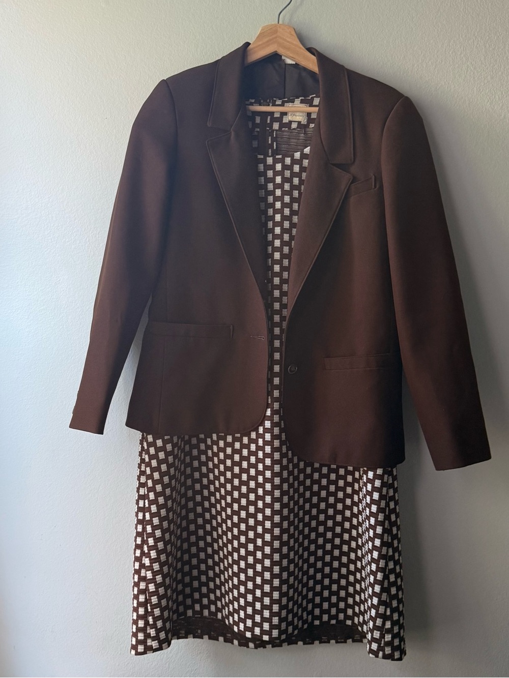 Vintage 70s JC Penney brown plaid shift dress & blazer suit set